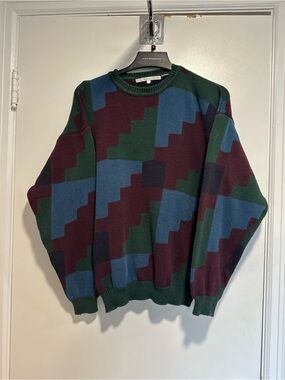 VTG 90s Perry Ellis Sz:M Geometric Colorblock Cotton Knit Grandpacore Sweater.